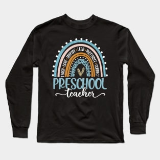 Preschool Teacher Leopard Boho Rainbow Back To School Teach Long Sleeve T-Shirt